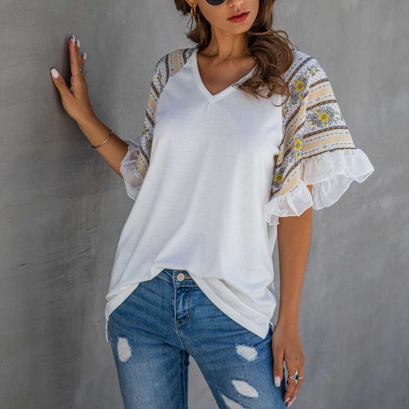 Boho chic ruffle sleeve Print top - white - Picture 4 of 11